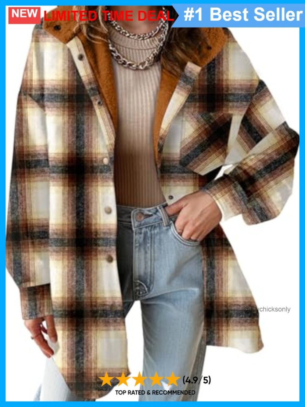 Womens Flannel Hooded Plaid Shacket Thick Fleece Jacket Oversized Button Down